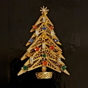 Vintage Christmas Tree Brooch Pin Gold Lace Candles Signed ART MCM